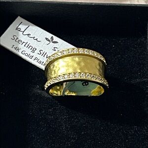 NWT Bleu Sage Wide Hammered Sterling Silver 14k Gold plated Crystal edge Band 7